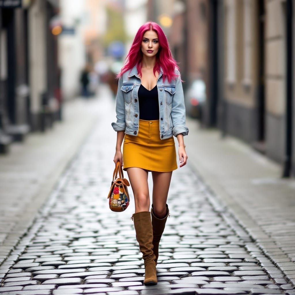 Woman in Suede Boots Walking on Cobblestone Street