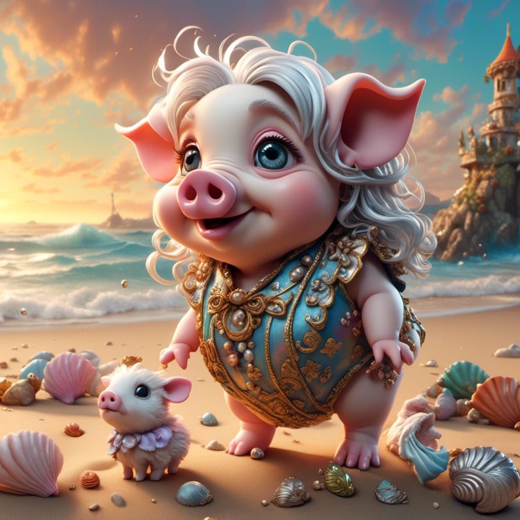 Pig with Silver Hair on Magical Beach
