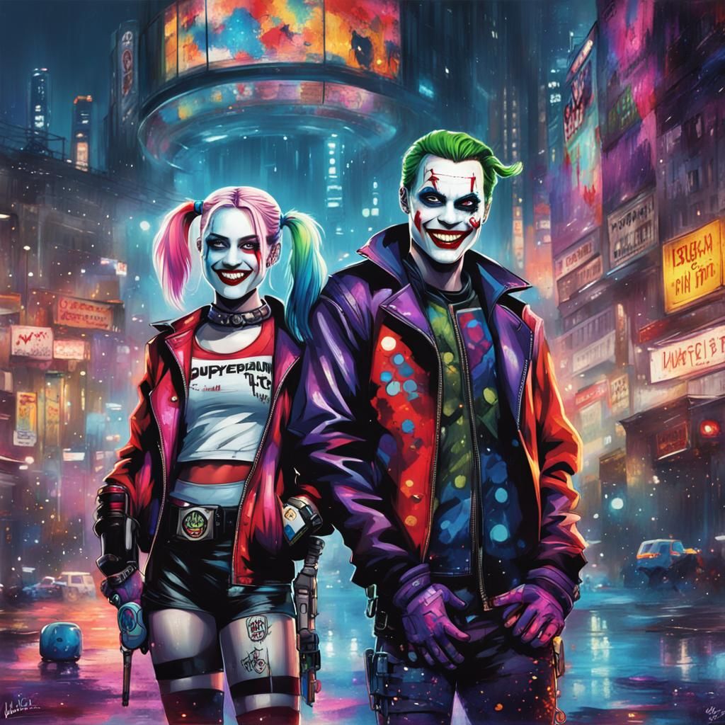 Cyberpunk Harley Quinn and Joker in Futuristic City