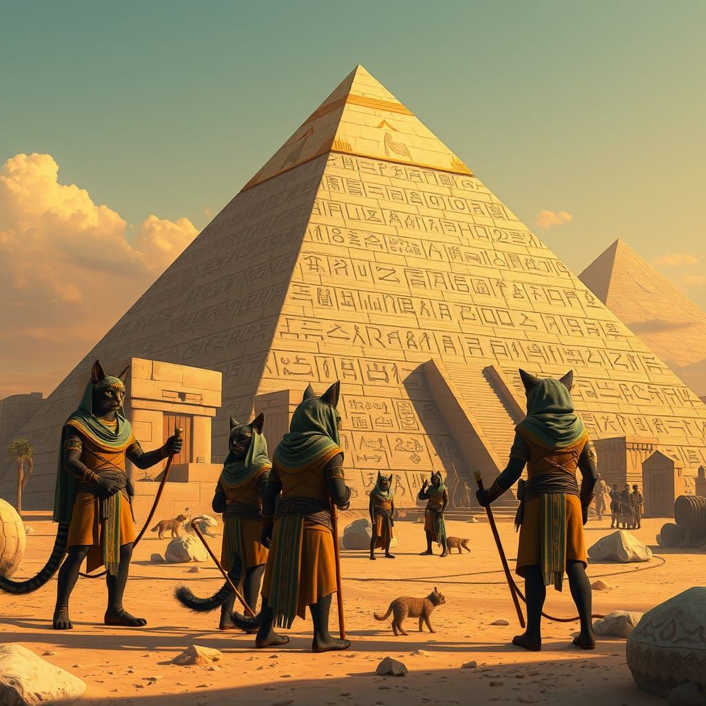 Humanoid Cats Build Pyramid in Egyptian Style