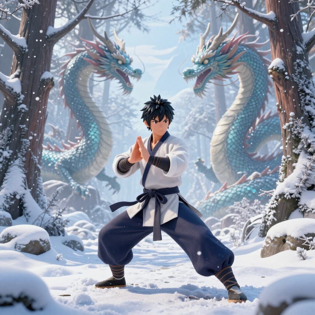 Kung Fu Master with Hidden Dragons in Snowy Forest