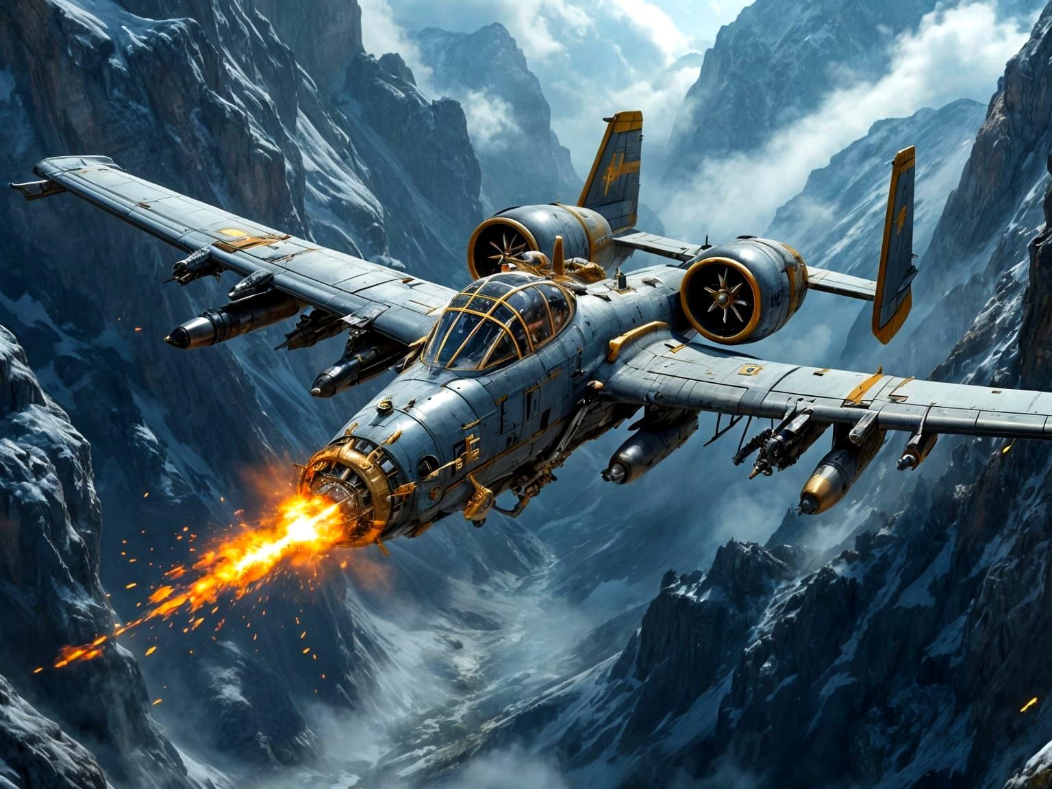 Steampunk Warthog Soars Through Majestic Mountains