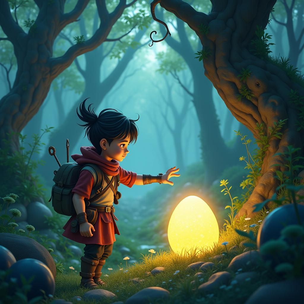 Adventurer and Glowing Dragon Eggs in Fantasy Setting