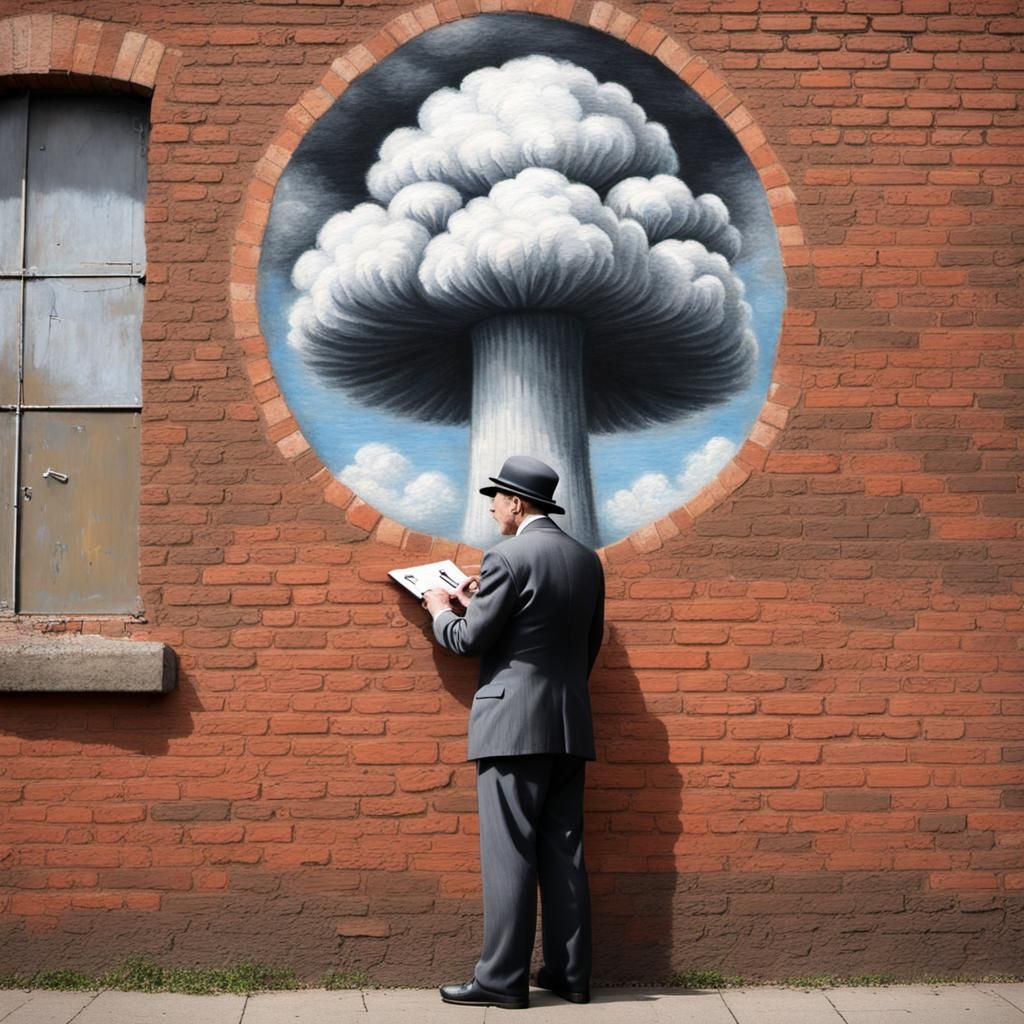 Oppenheimer Chalk Art Fusion on Brick Wall