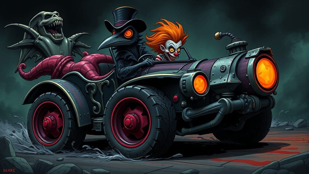 Cartoon Car Driven by Raven in Mystical Realm