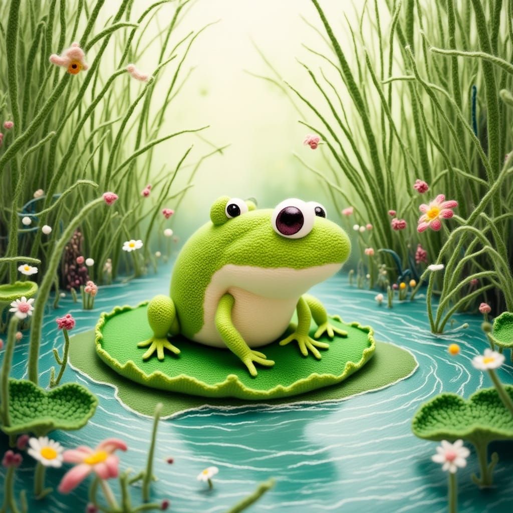Frog on Lily Pad in Tranquil Pond Watercolor Style