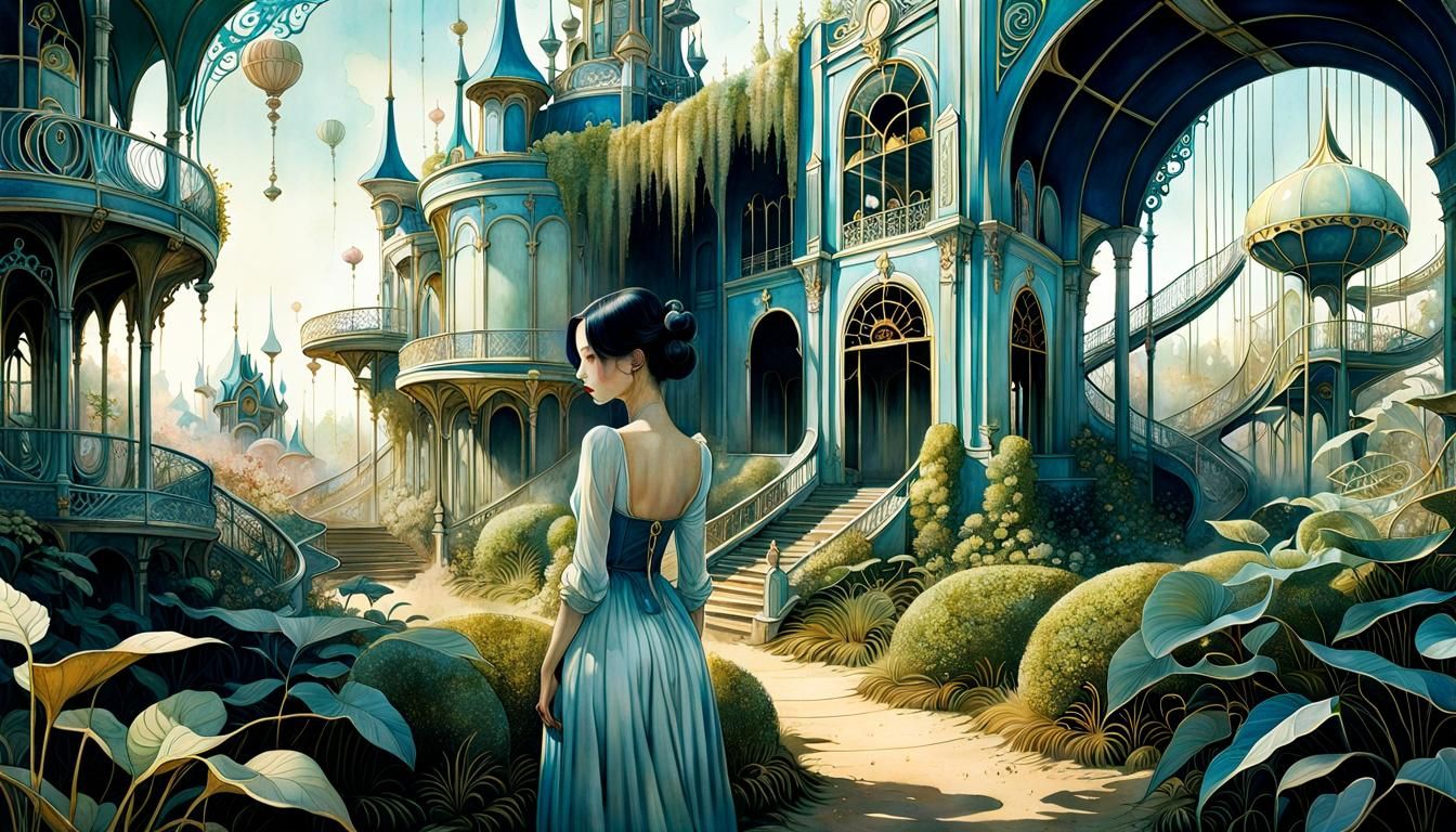 Woman Contemplates Abandoned Theme Park, Surreal Style