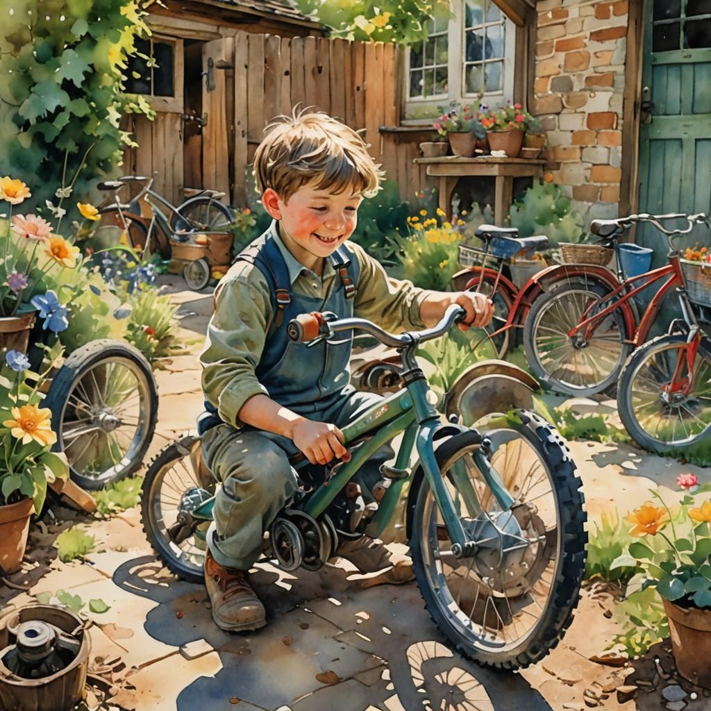 Boy Fixing Bike: Watercolor Photorealistic Illustration