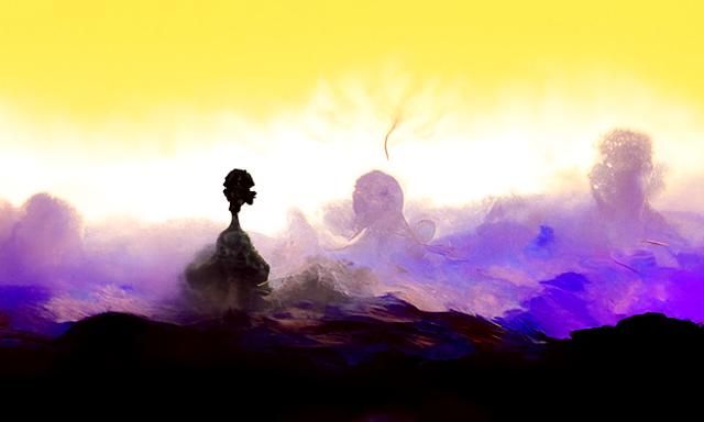 Smoky Figure in Astral Landscape, Holographic Illustration