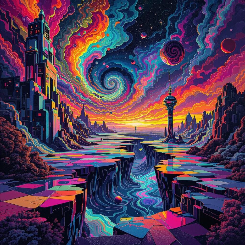 Surreal Dreamscape with Swirling Patterns and Neon Lights