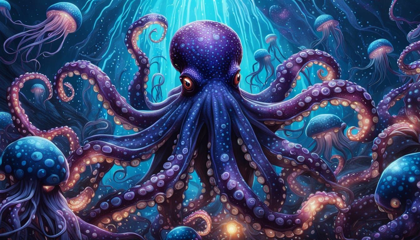 Octopus vs. Jellyfish Army in Bioluminescent Comic Art