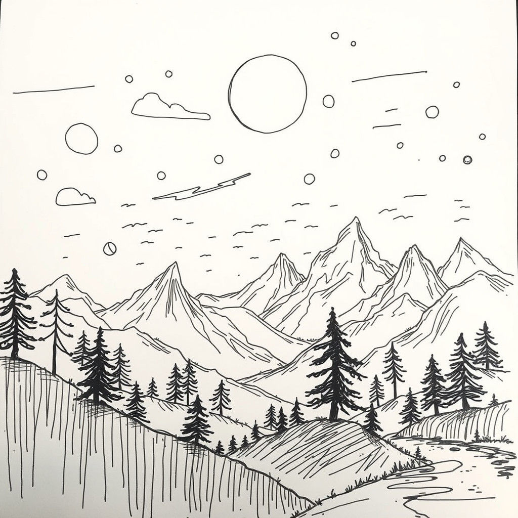 Doodle-Style Surreal Fantasy Landscape Sketch
