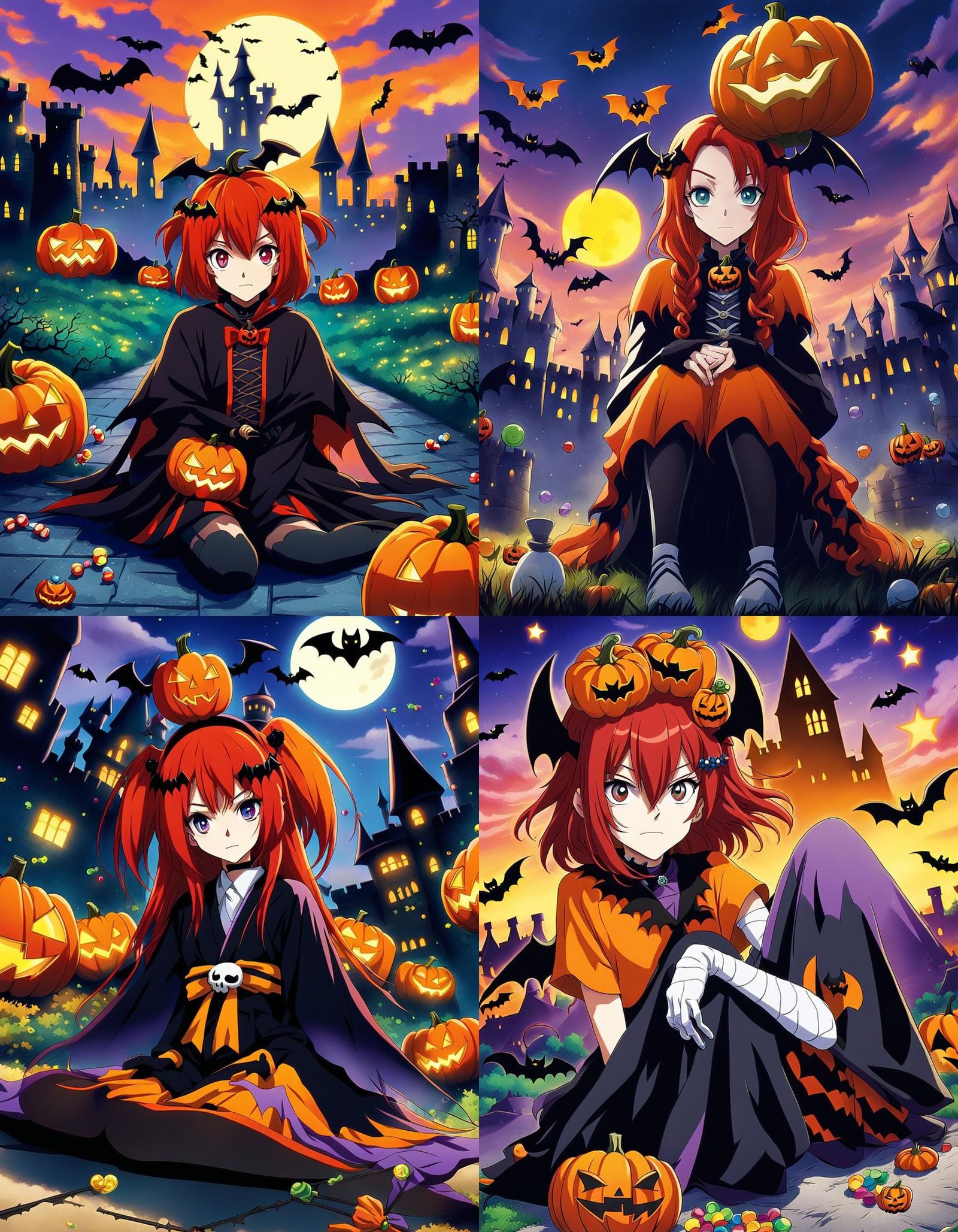 Anime Style Halloween Girl with Pumpkin and Candies