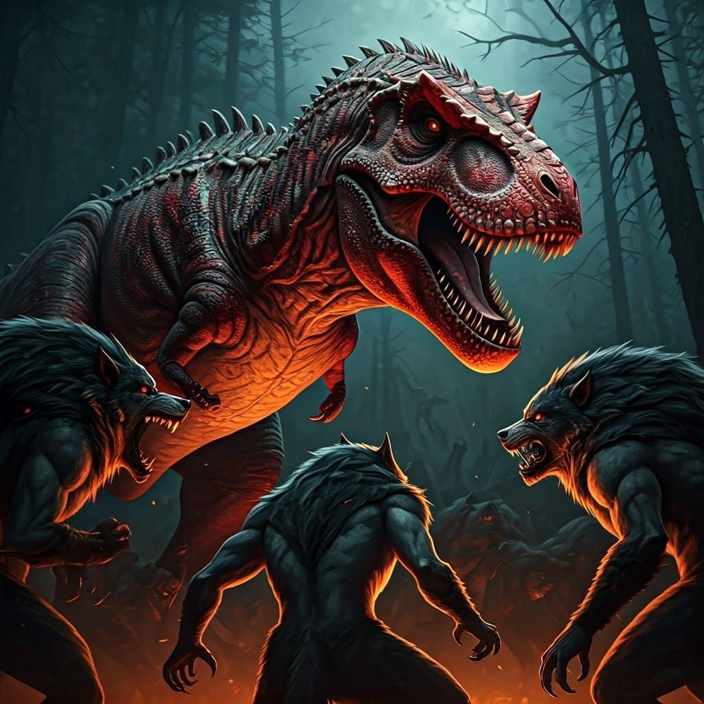 Gargantuan Red Tyrannosaurus Rex vs. Werewolves