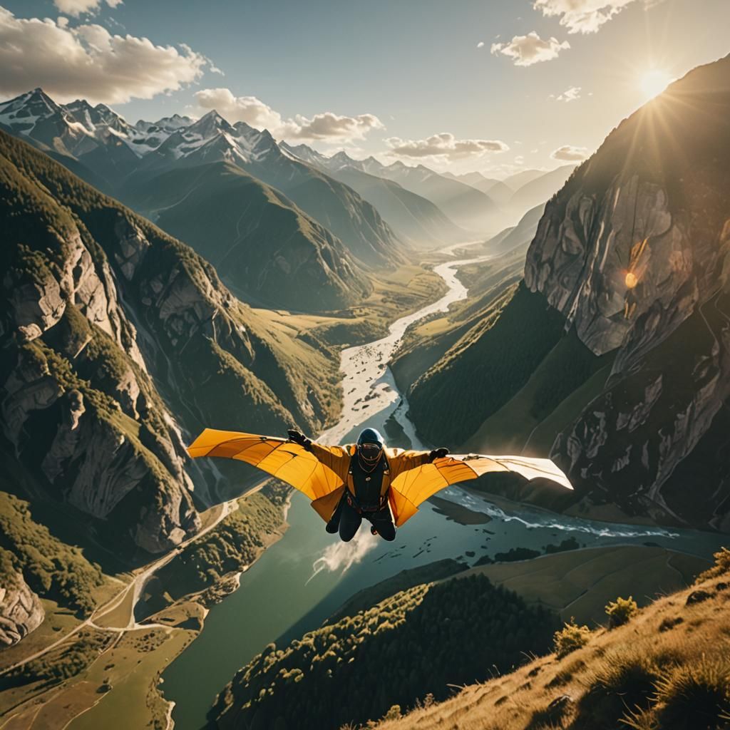 Wingsuit Flight Through a Misty Mountain Valley