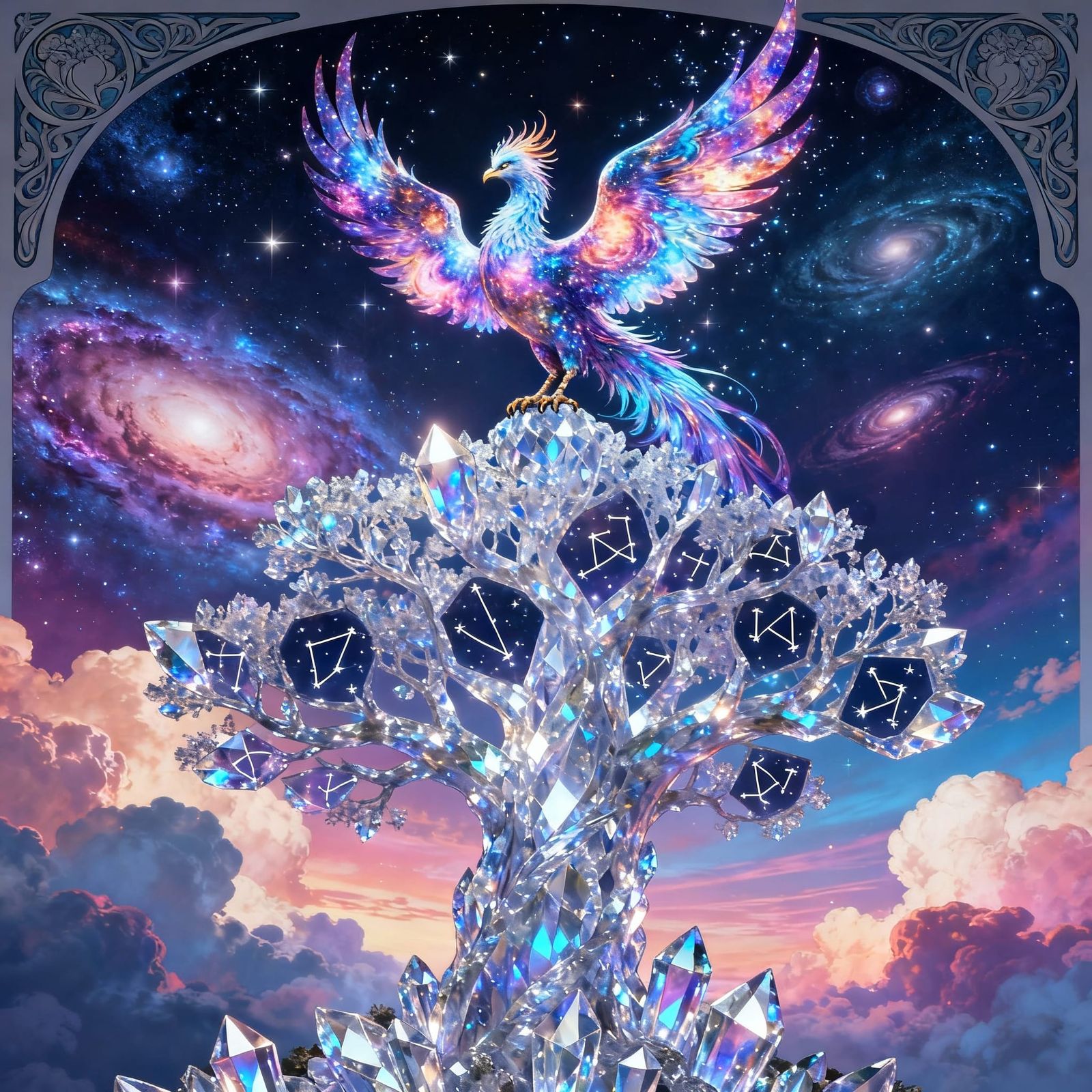Cosmic Phoenix on Crystalline Tree in Art Nouveau Style