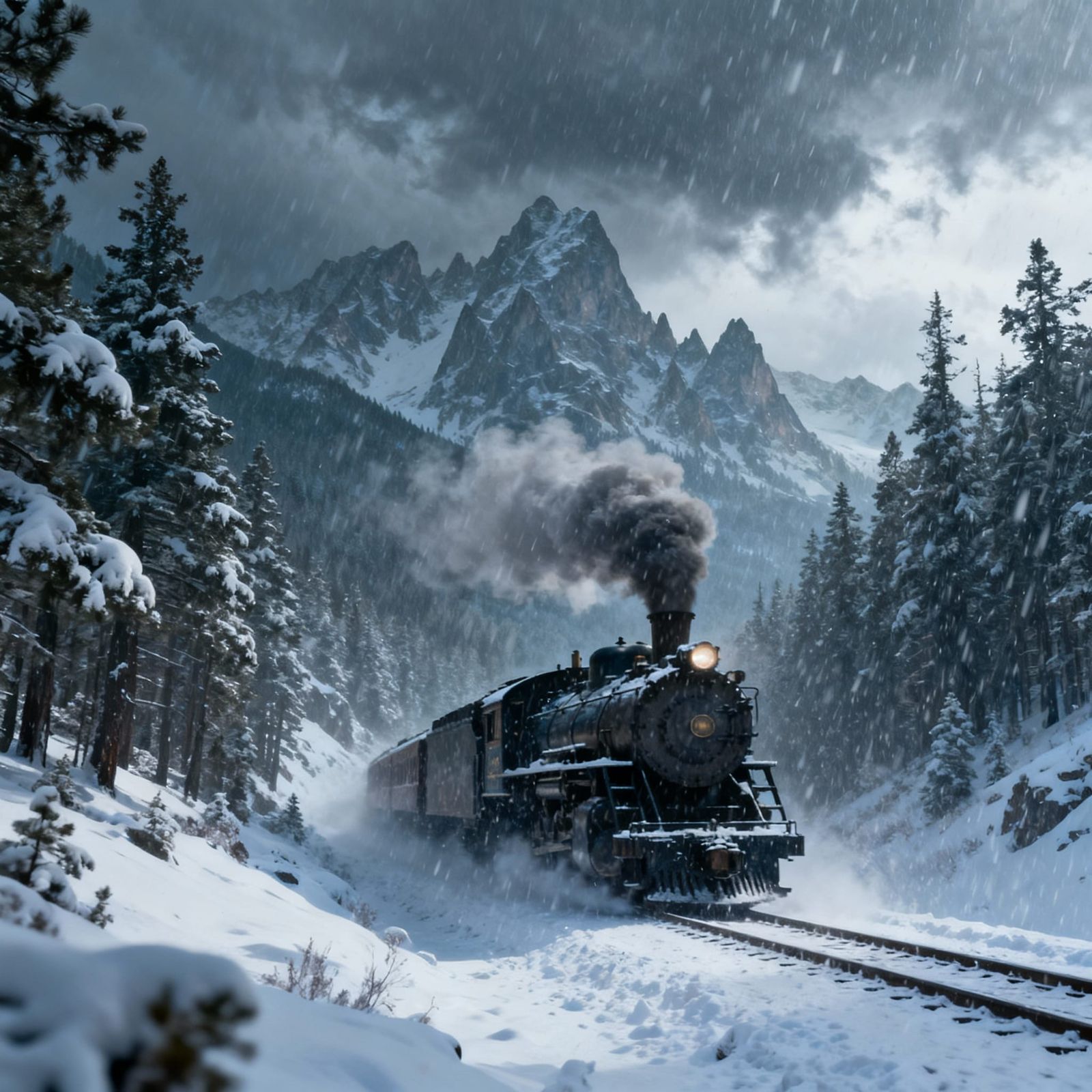 Epic Steam Train in Snowy Mountain Pass