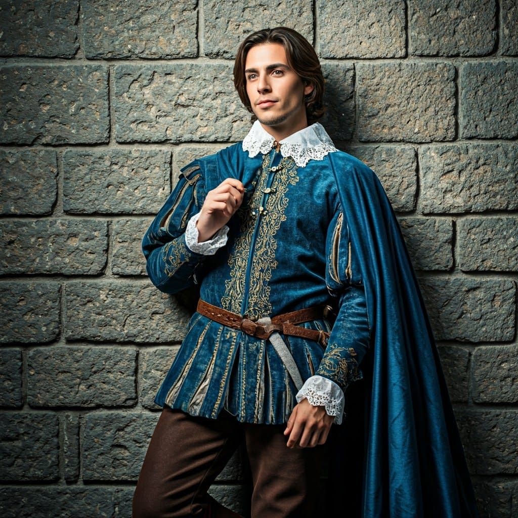 Young Prince in Velvet Tunic Leaning Against Stone Wall