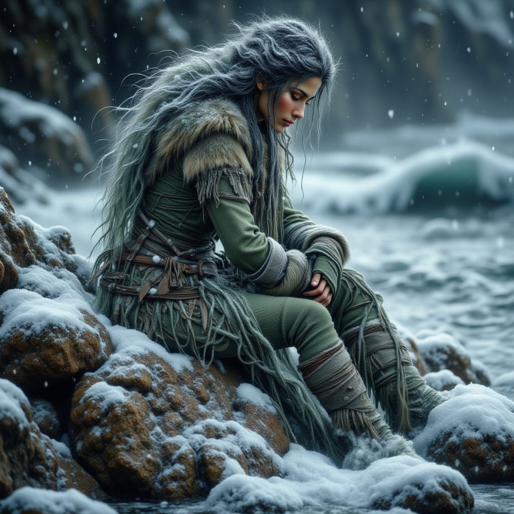 Snow Selkie Sea Maiden on Stormy Shore