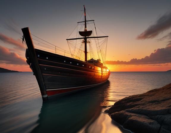 Abandoned Boat on Shore at Sunset: Ultrarealistic