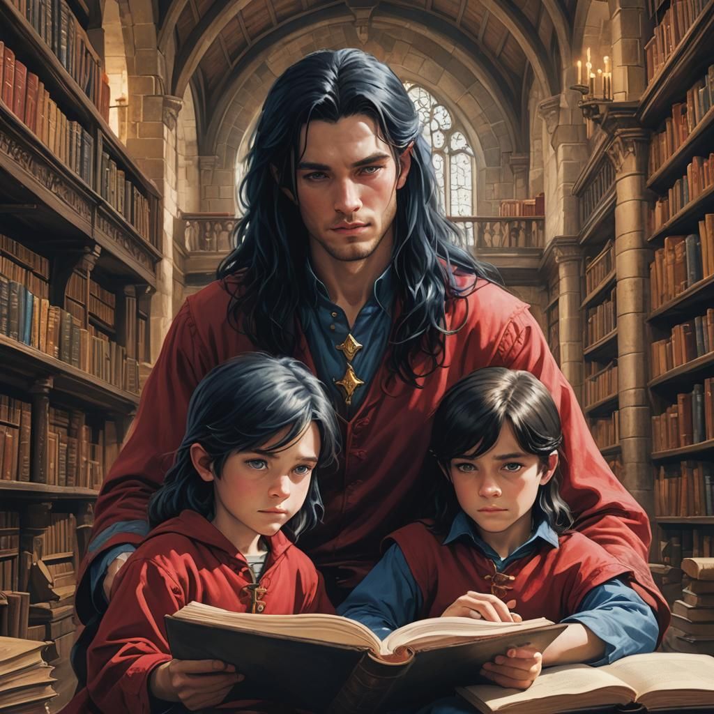 An 18 year old male with very long black hair, blue eyes,wearing red clothing. He is sitting in a castle library, readin...