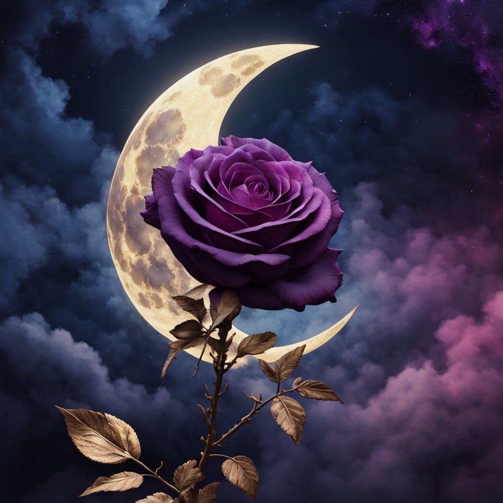 Glowing Moon and Gothic Rose in Mixed Media Art