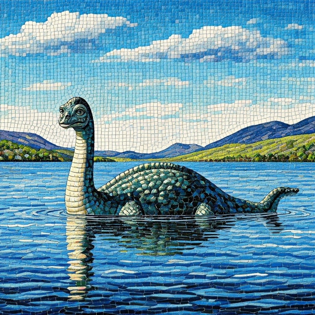 Surreal Mosaic of Loch Ness Monster in Scottish Summer
