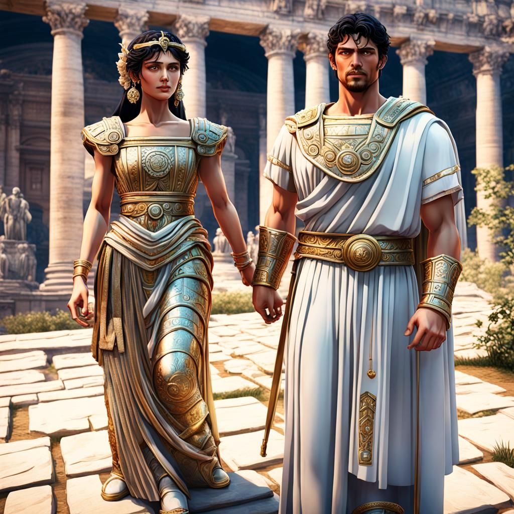 Anime Roman Couple in Lush Classical Garden