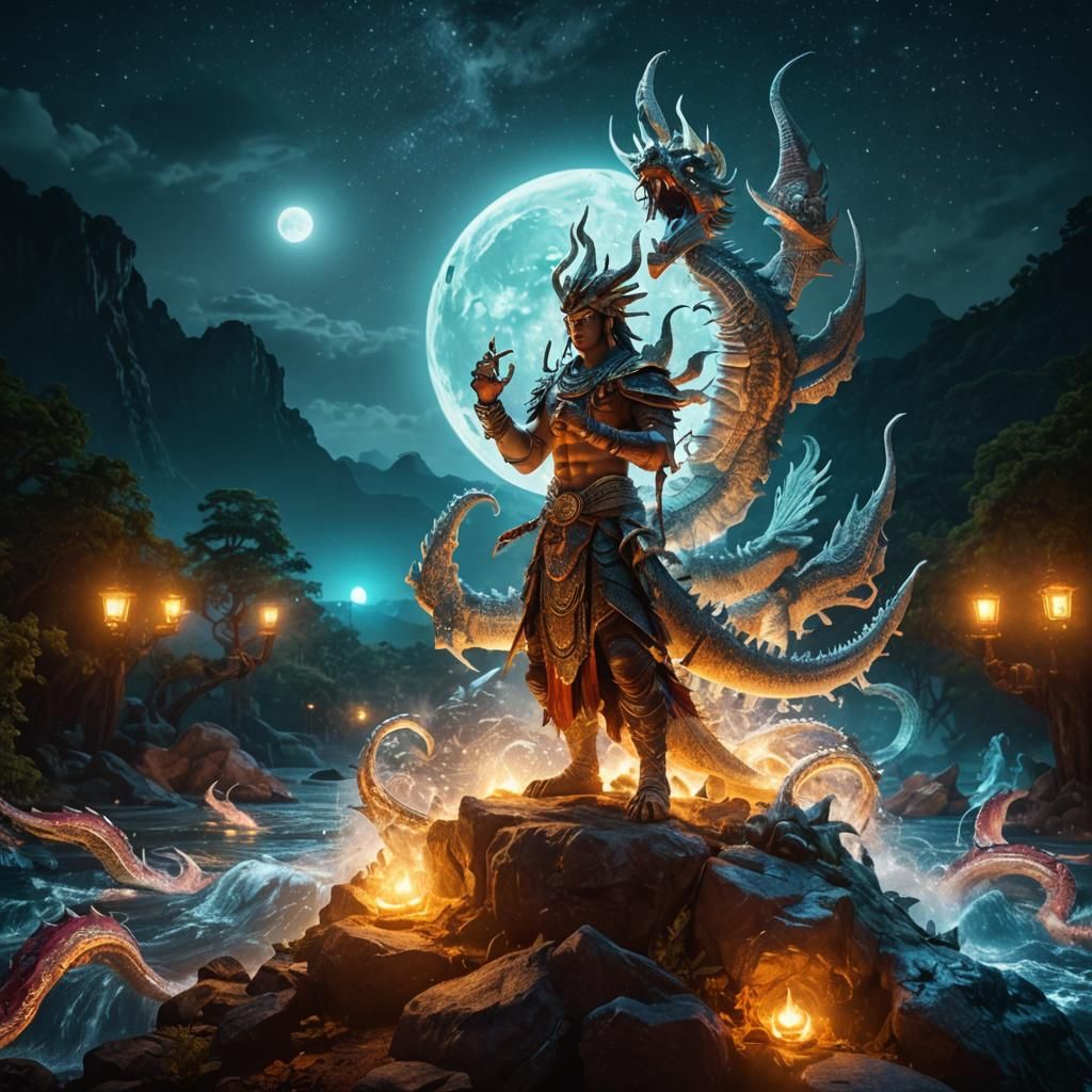 Naga in Moonlight: Detailed Fantasy Matte Painting
