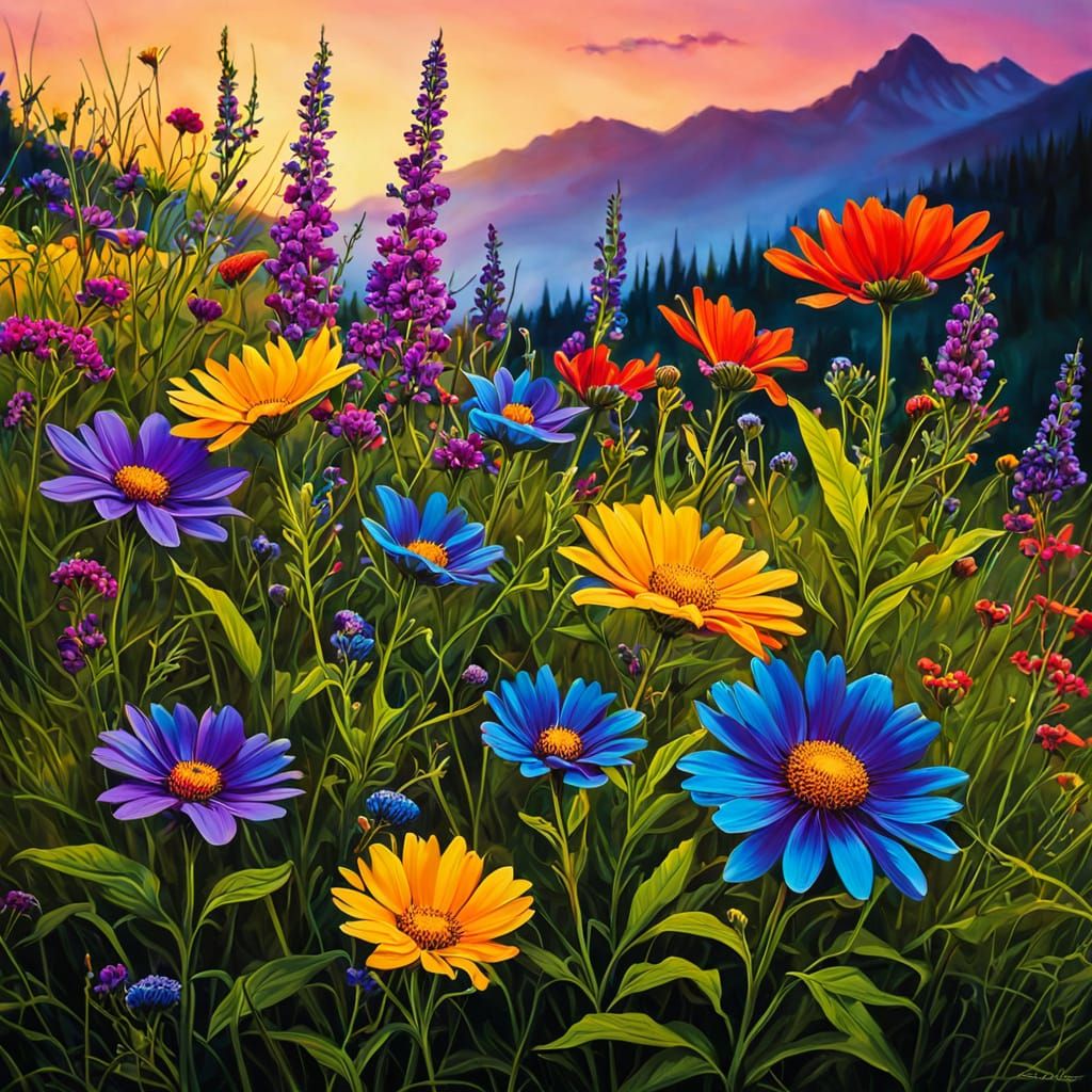 Saturated Wildflowers in Airbrush Style