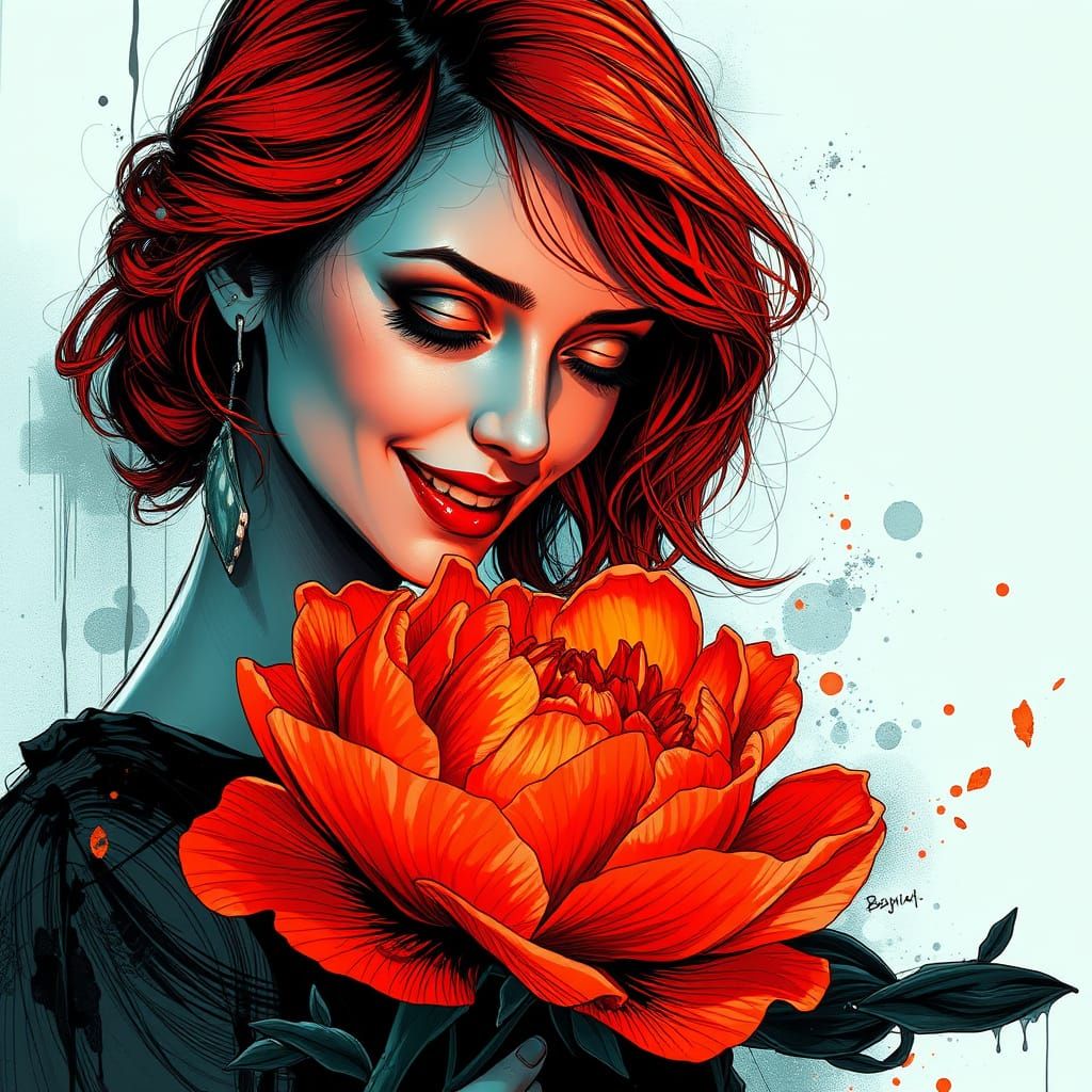 Woman in Black Dress Admiring Red Peony in Intricately Detai...