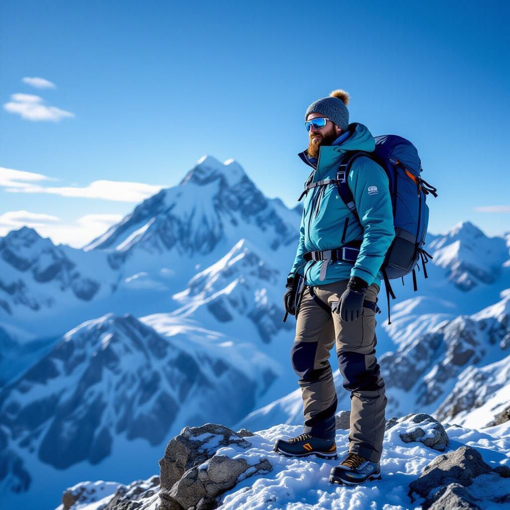 Photorealistic Hiker on Mountain Summit in Blue and Grey Ton...