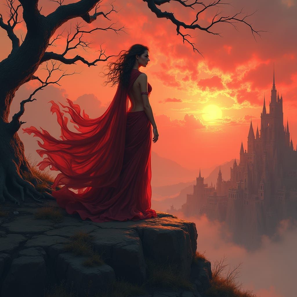 Fantasy Queen Overlooking Ruined Cityscape