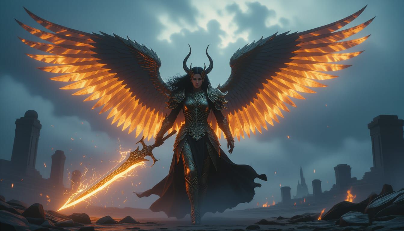 Angel Warrior Descends on Battlefield in Gothic Style