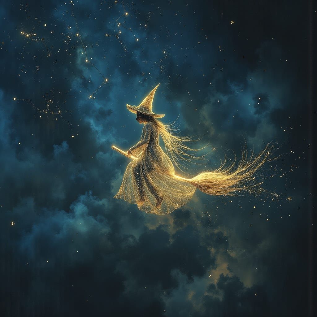 Whimsical Witch Flies Through Constellation Sky