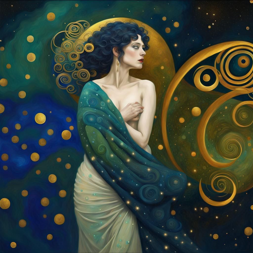 Woman Under Crescent Moon in Art Nouveau Style