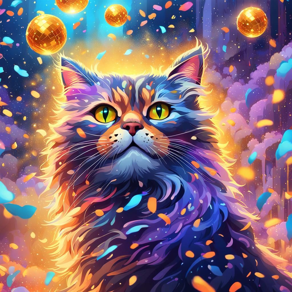 Disco Cat Dances in Fantasy Confetti Storm