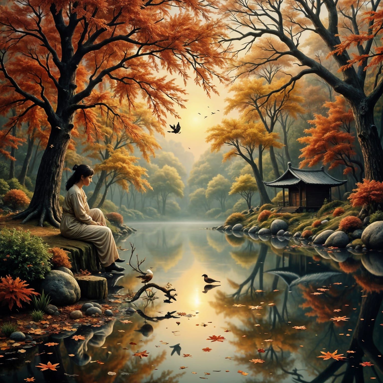 Ethereal Autumn Landscape with Birds and Stars