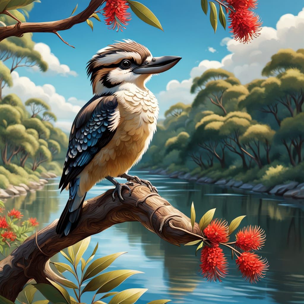 Whimsical Kookaburra on Bottlebrush Branch Cartoon