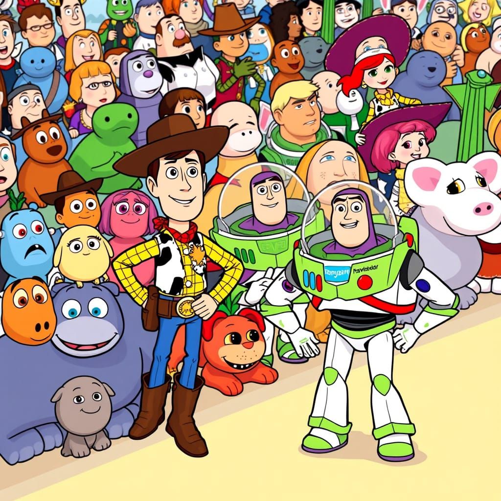 Toy Story Characters in Playful Pixar-style Scene
