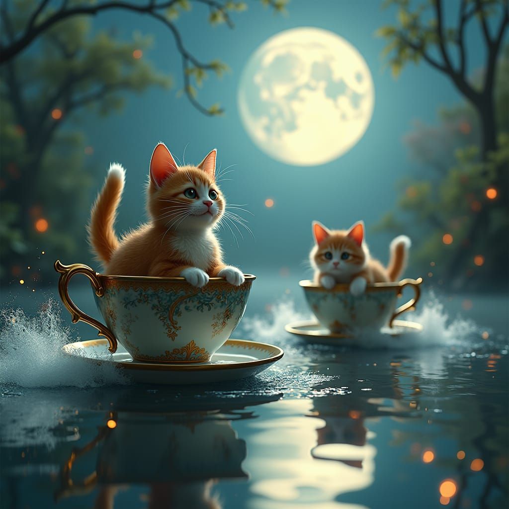Enchanted Cats Sailing Teacups on Moonlit Lake