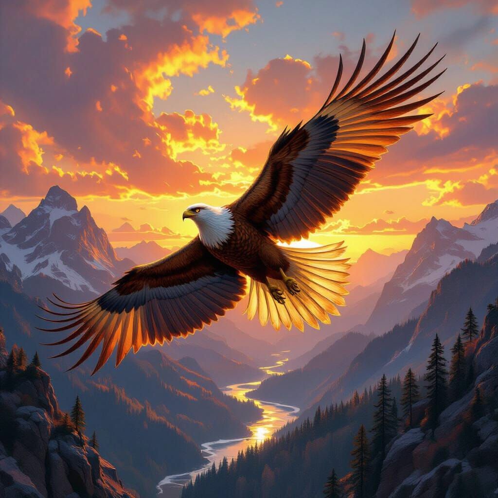 Griffin Soaring Through Sunset Sky in Hyperrealism Style
