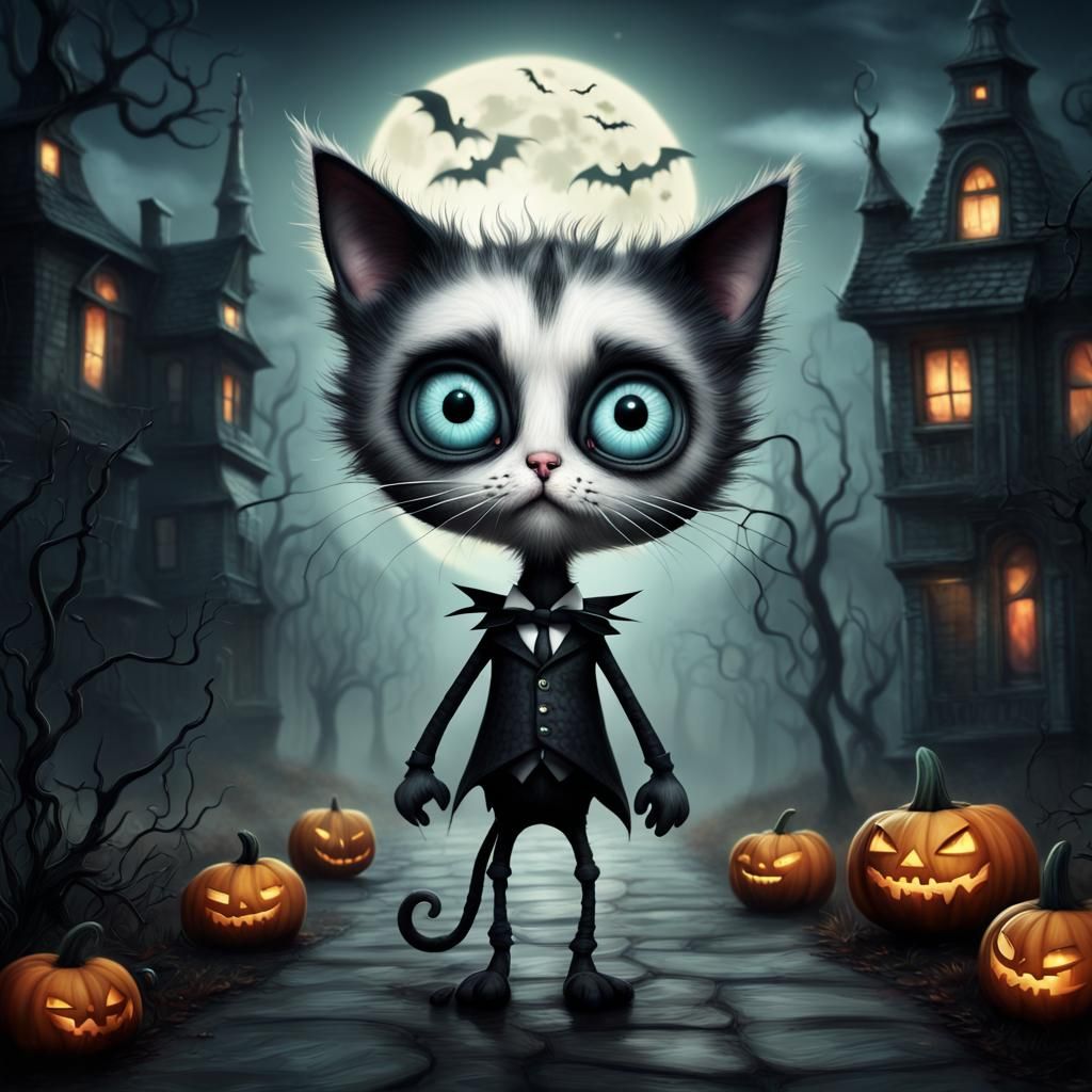 Chibi Halloween Cat in Burton Style