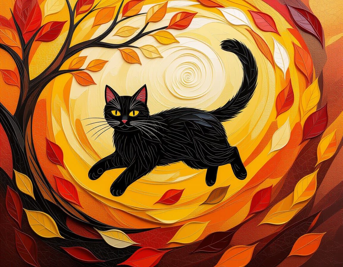 Dramatic Impasto Oil Painting of a Black Cat in Autumn Tempe...