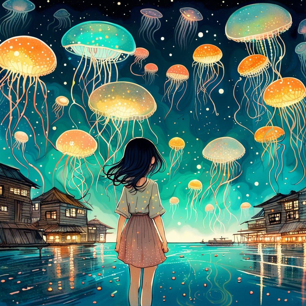Dreamy Jellyfish Night Sky, Anime Art