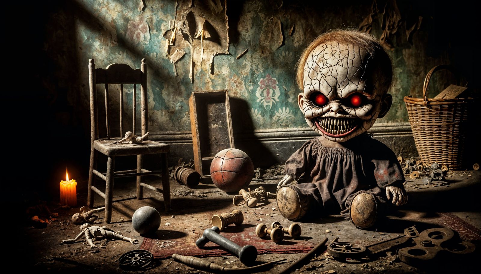Eerie Horror Scene with Possessed Doll in a Decaying Nursery