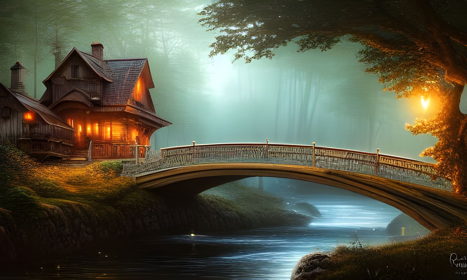 Magical Summer Cottage by Murky River: Digital Art