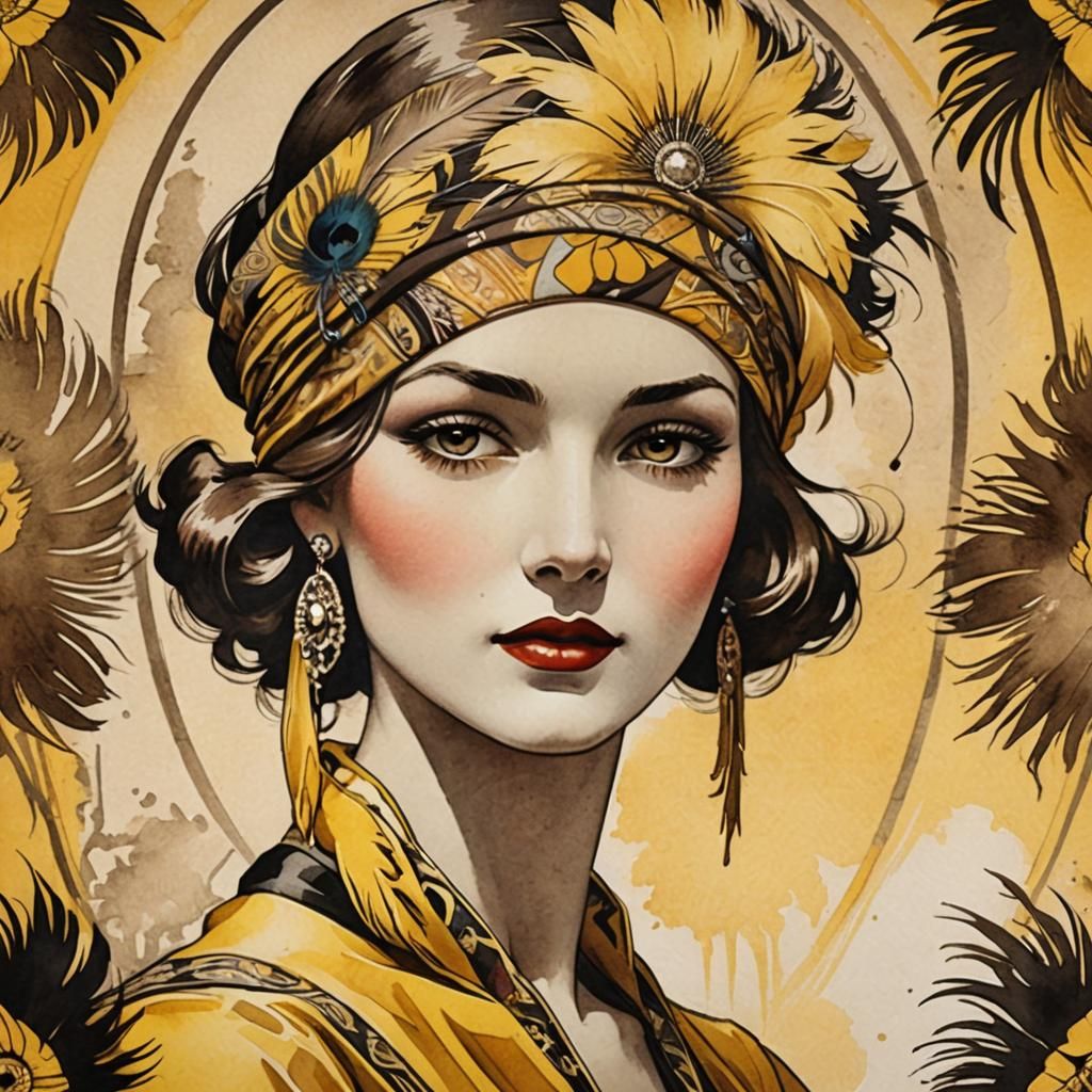 Art Deco Lady Portrait in Watercolor Style