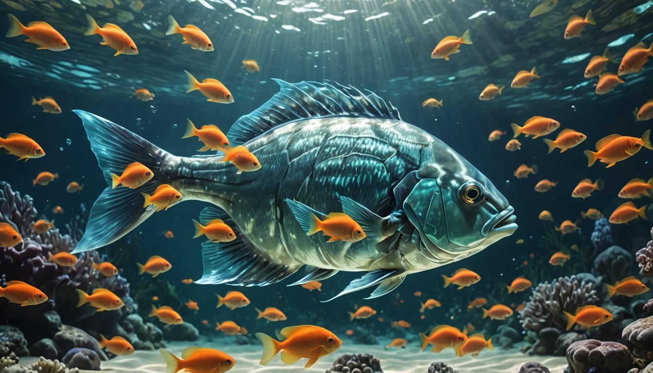 Underwater View: Glowing Glass and Fish