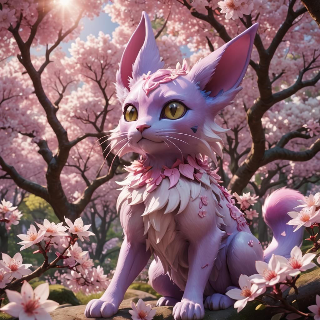 Realistic Espeon in Sakura Forest: 3D Digital Art